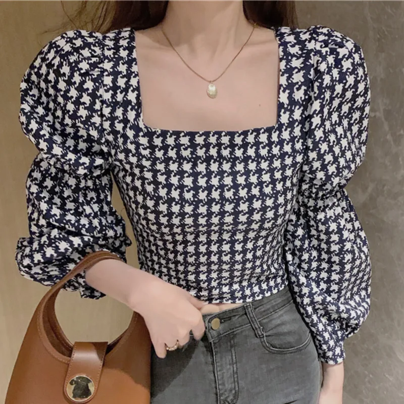 

Korean Square Collar Clavicle Exposed Slim Fit Blouse Women Vintage Black White Houndstooth Blusas Mujer Long Sleeve Shirt 2021