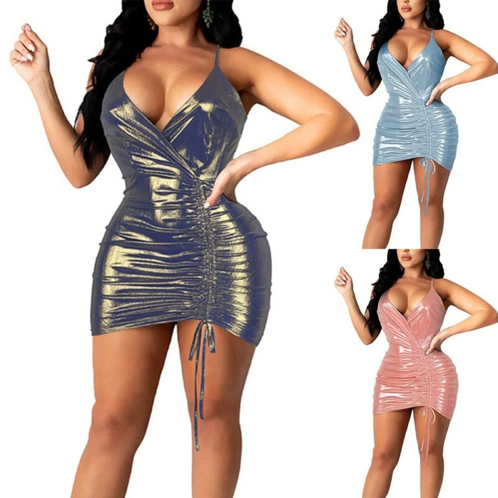 

Женское мини-платье без рукавов с глубоким V-образным вырезом, сексуальное короткое платье на лямках