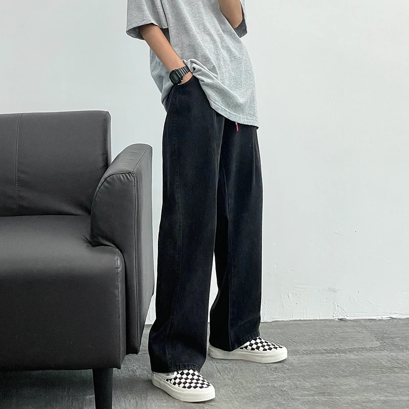 Autumn Drawstring Blue Black Jeans Men's Fashion Casual Baggy Jeans Men Streetwear Loose Hip-hop Straight Denim Trousers Mens