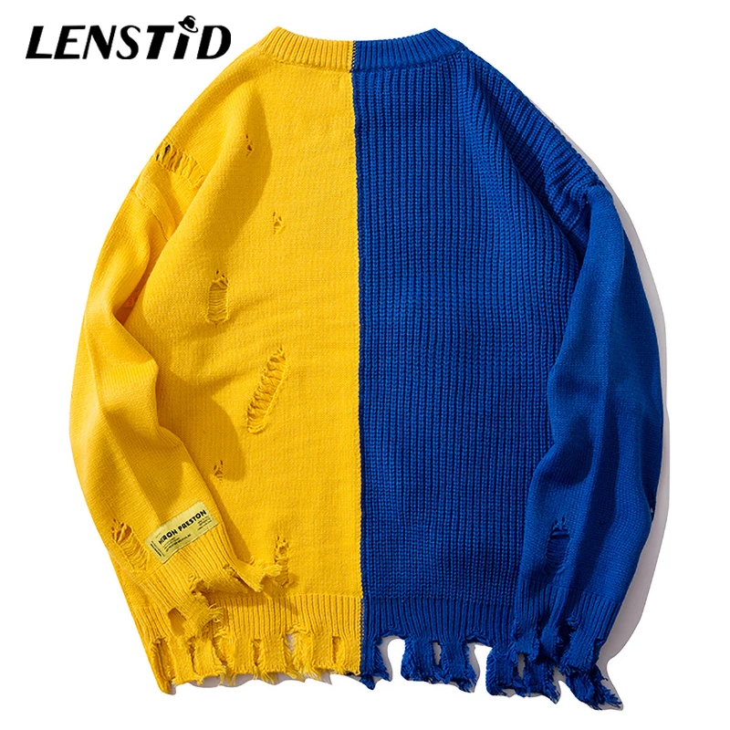 LENSTID осень мужские хип хоп Харадзюку цветной блок пэчворк трикотажные пуловеры с