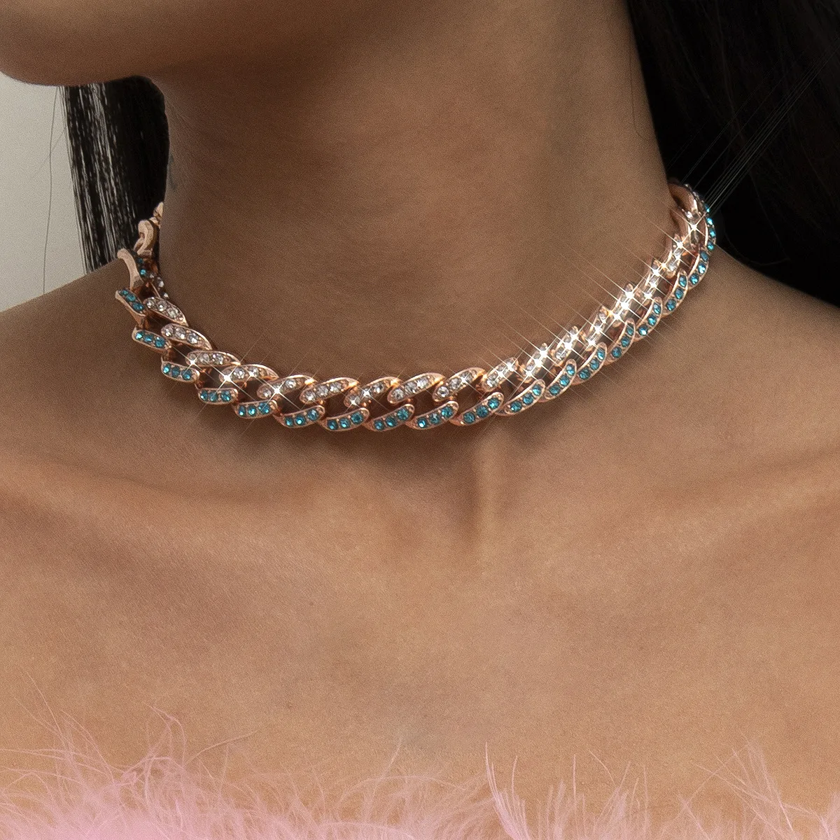 

New Fashionable Temperament Adjustable Cuban Neck Chain Simple Retro Micro-studded with Diamonds Ladies Necklace Party Jewelry