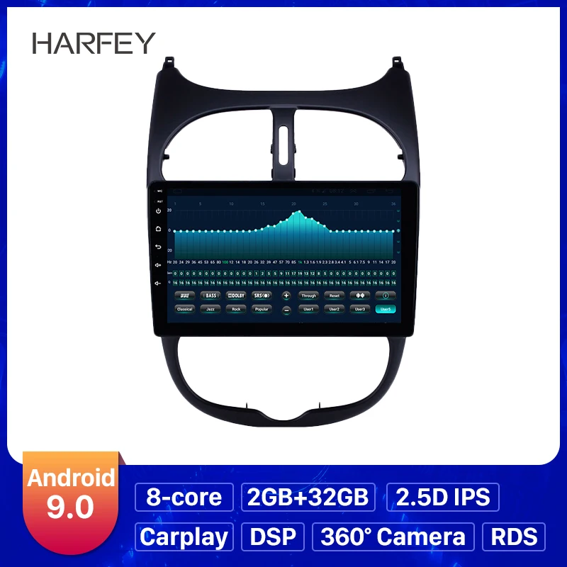 Автомагнитола Harfey 2DIN GPS HD 9 дюймов Android 0 для Peugeot 206 2000 2016 стерео с AUX Wi Fi поддержка
