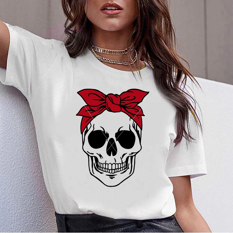

Women's T-Shirt Summer Short Sleeve Skull Print Funny Tshirt White Female Clothes Women Fashion Soft Casual T Shirts Tops Tees