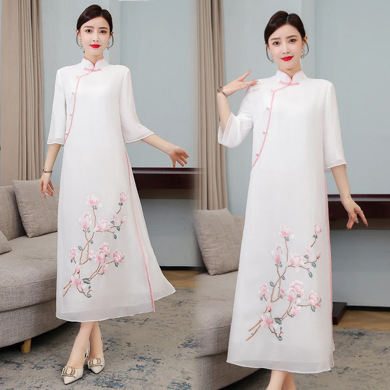 

Женское длинное платье с вышивкой, коротким рукавом и воротником-стойкой