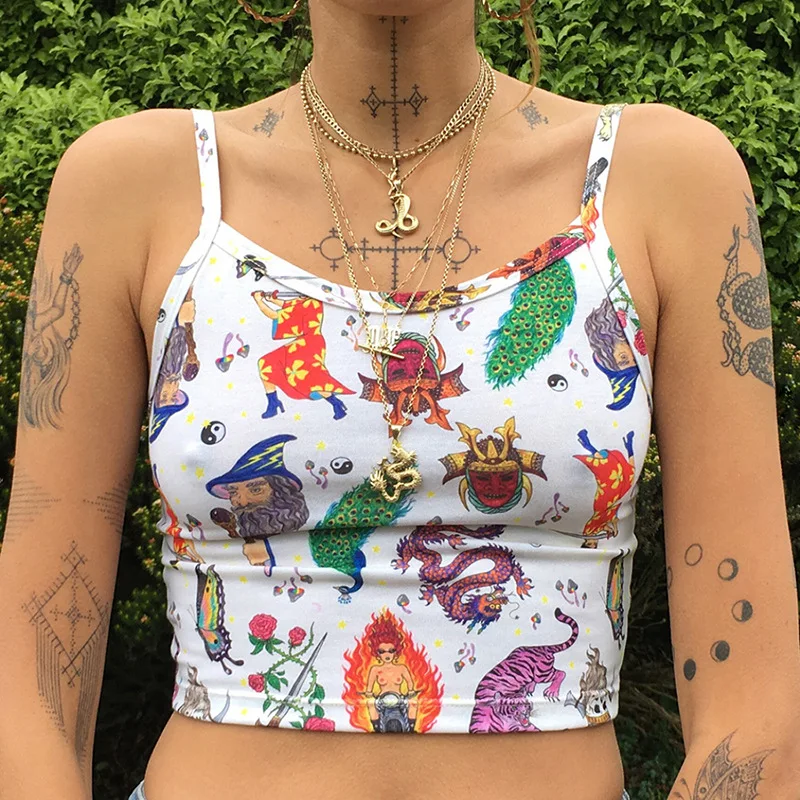 

Tank Tops Camisole Street Sexy U-Neck Cartoon Pictures Print Sling Slim Vest Sleeveless Top Sling Female Casual Fashion Summer