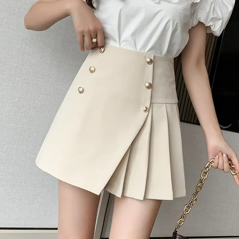 

2021 Spring Summer Woman Mini Skirts Double Breasted High Waist A-line Kawaii Pleated Short Skirt Streetwear Irregular faldas