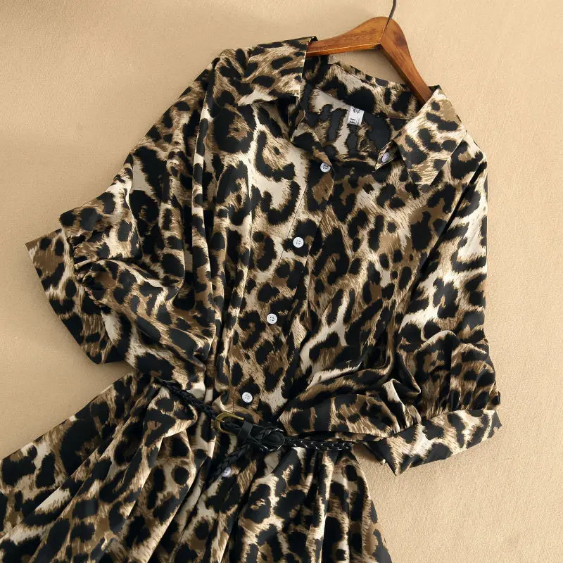 

2021 New Retro Retro Hong Kong Style Leopard Print Chiffon Shirt Women Western Loose Wild Short-sleeved Mid-length Shirt