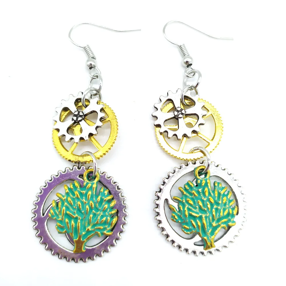 

Various Gears and Small Green Tree Charms Lady`s Drop Earrings