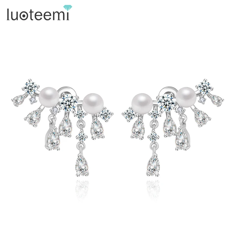 

LUOTEEMI Multiple Simulated Pearl Statement Lady Sexy Party Tassel Earrings Waterdrop Cubic Zirconia Stud Jewelry for Women