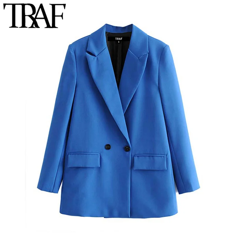 

TRAF Women Chic Office Lady Double Breasted Blazer Vintage Coat Fashion Notched Collar Long Sleeve Ladies Outerwear Stylish Tops