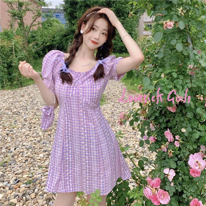 

Dress Summer Women's New Korean Plaid Dress Summer Short Sleeve Square Collar Short Skirt