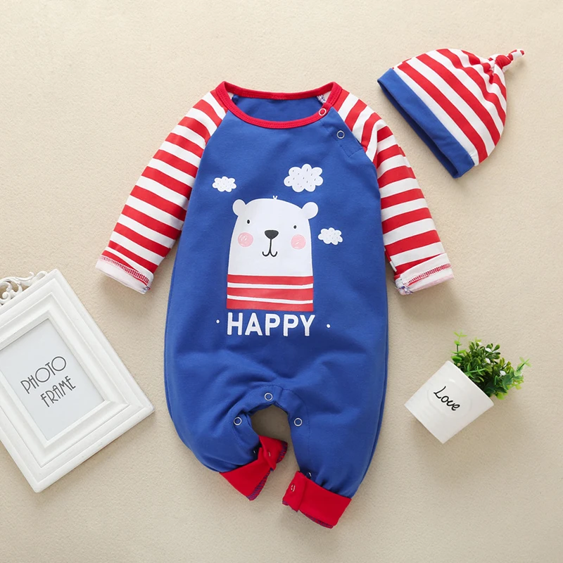 

2020 autumn and winter new baby children's romper climbing romper cartoon letter printing long romper free hat