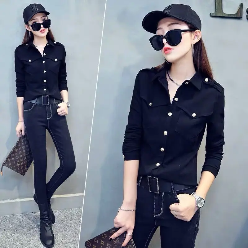 

New long-sleeved t-shirt women's tops fashion all-match bottoming shirt with 2021 spring and autumn button clothes