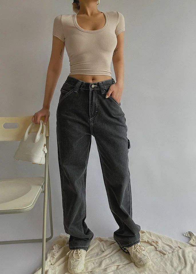 

2020 Woman High Waist Jeans Retro White Black Jeans Trousers Straight Overalls Pants Long Loose Wide Leg Jeans for Women