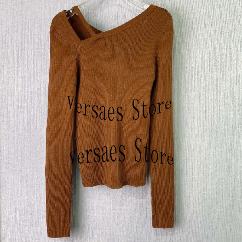 

2021 luxury design fashion sweater exquisite diamond accessories irregular hollow off shoulder stripe wool slim woman sweaters