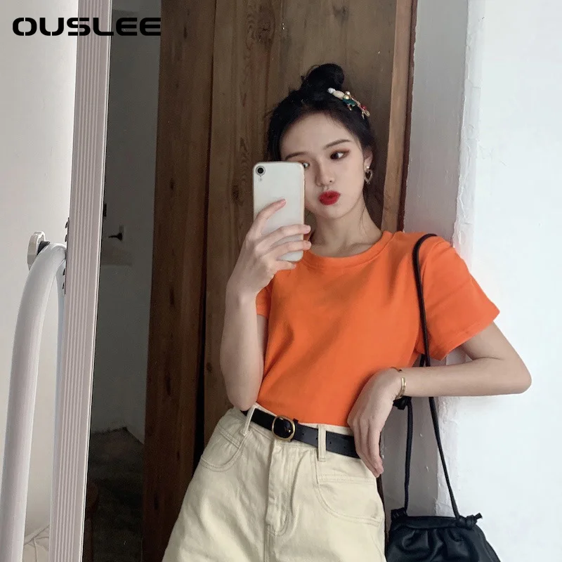 OUSLEE 10 однотонные Цвета Базовая футболка для женщин Повседневная одежда с