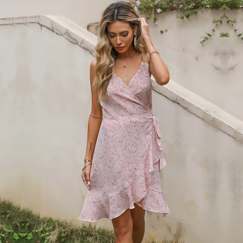 

2021 Summer New European and American V-neck Waist Wrapped Floral Sling Irregular Dress Short Skirt Women