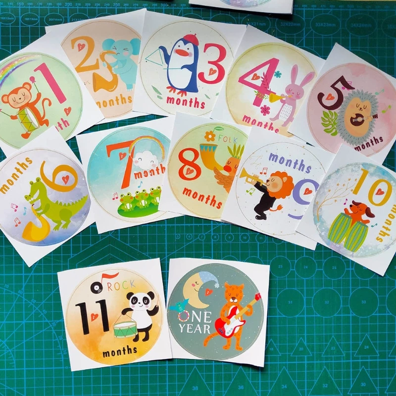 

T5EC 12 Pcs/Set Baby Pregnant Monthly Stickers Music Animal Memory Recording Milestone Sticker Newborn Growth Photo Photography