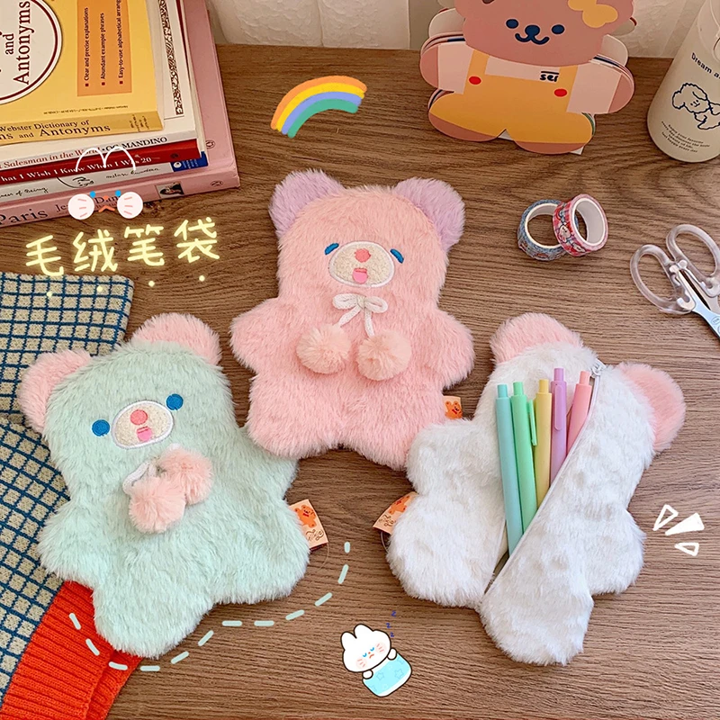 

Kawaii Bear Plush Pencil Cases Women Cute School Pen Case Supplies Pencil Bags Korean Soft Pencils Pouch Stationery Gift MO103