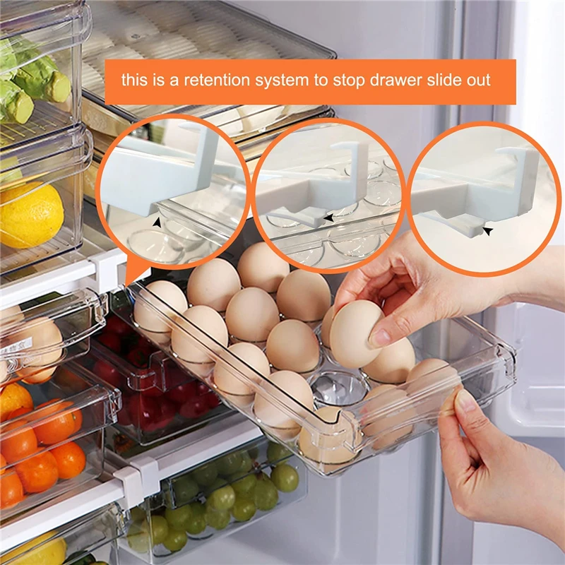 

2 Pack Refrigerator Drawer Organizer Egg Food Fruit Storage Fridge Shelf Holder Storage Box Clear Container Pull-out with Handle