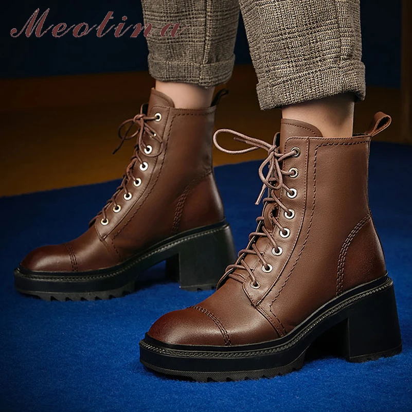 

Женские ботильоны из натуральной кожи Meotina, мотоциклетные ботинки на платформе и толстом высоком каблуке, с квадратным носком, на шнуровке, ...