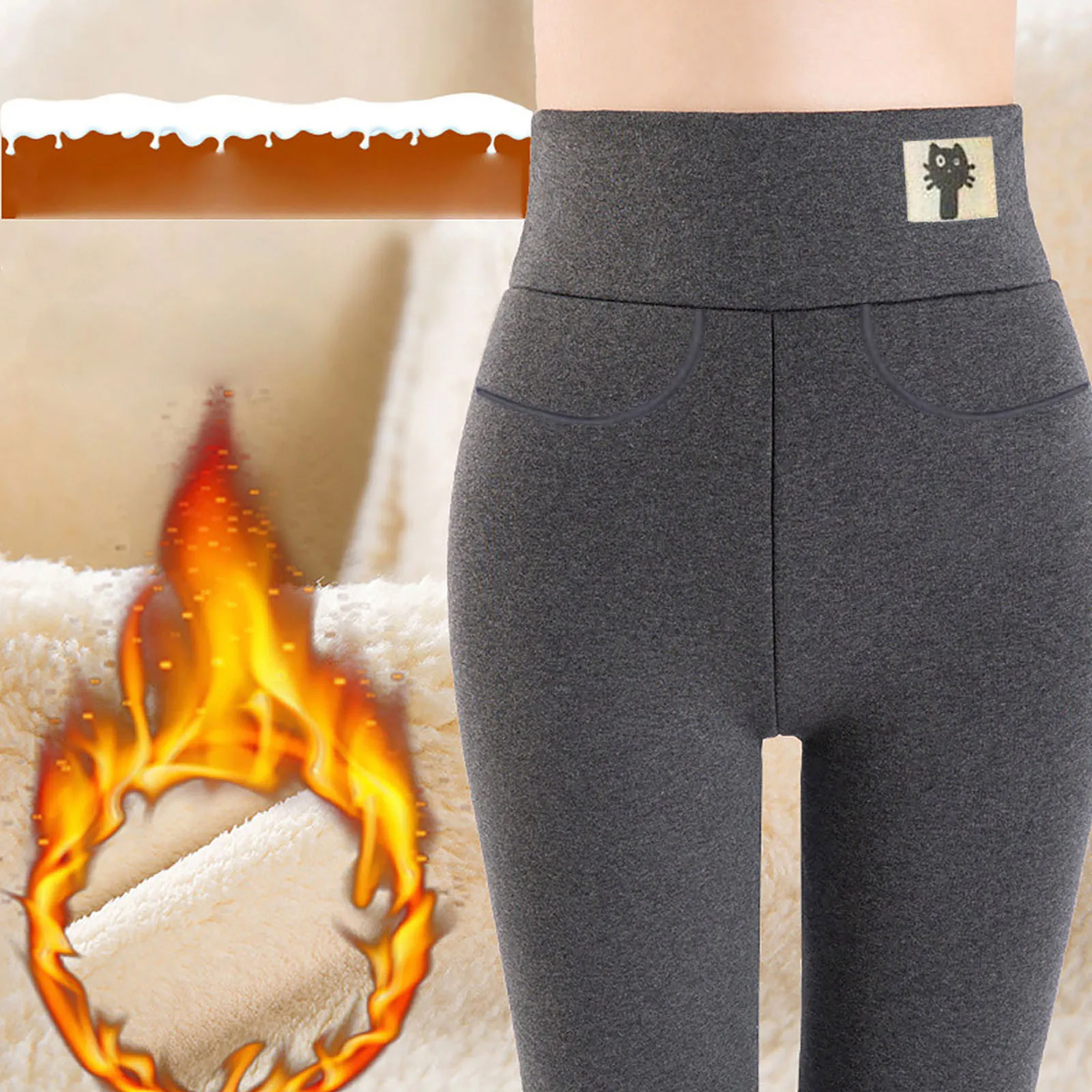 

Winter Warm Pants Women's Plus Velvet Thicken Leggings Skinny Casual Ankle-Length Trousers High Waist Large Size Pocket Leggings