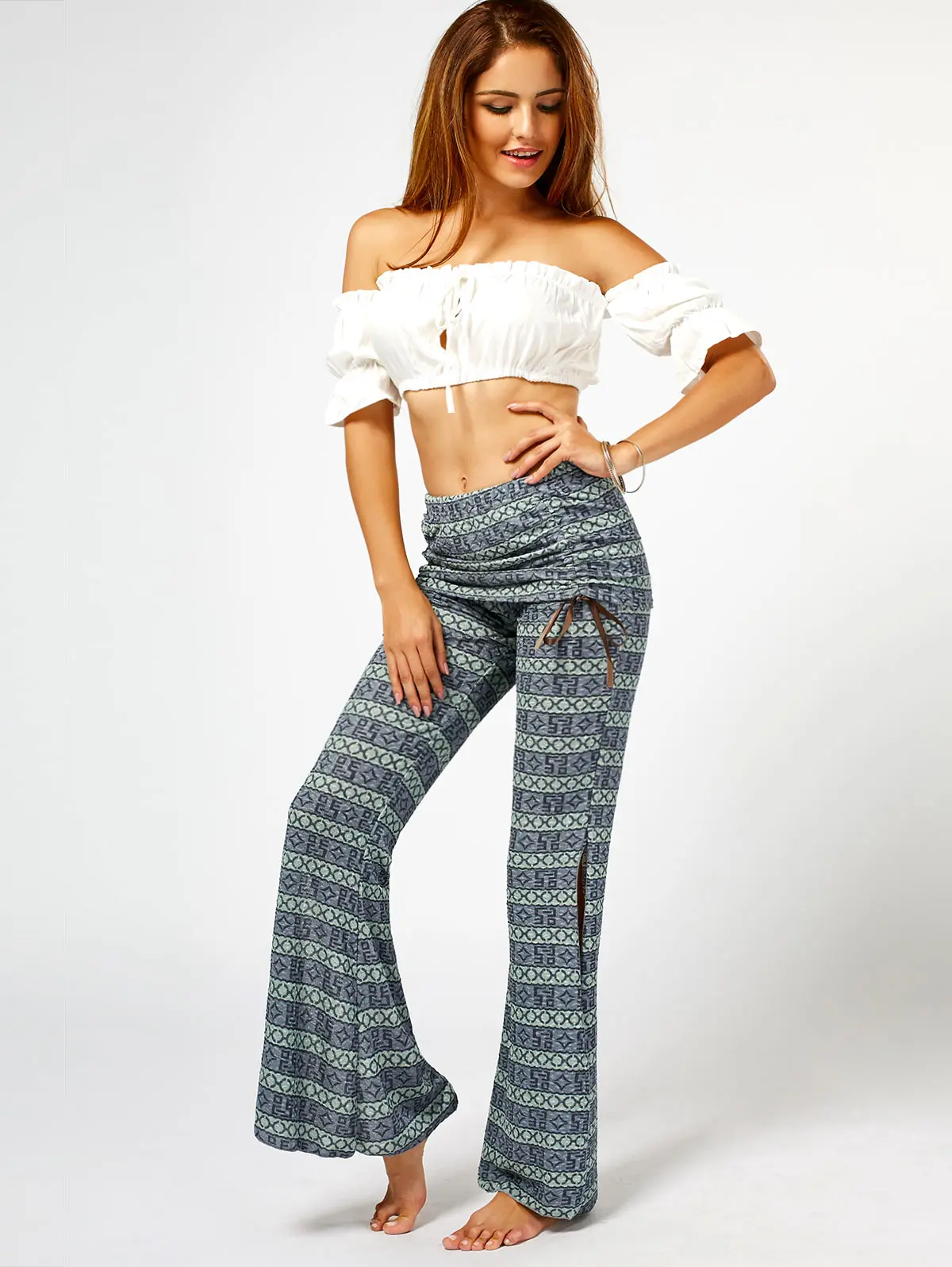 Розовый Гал Шик Высокая талия бант кружева свободные расклешенные брюки для