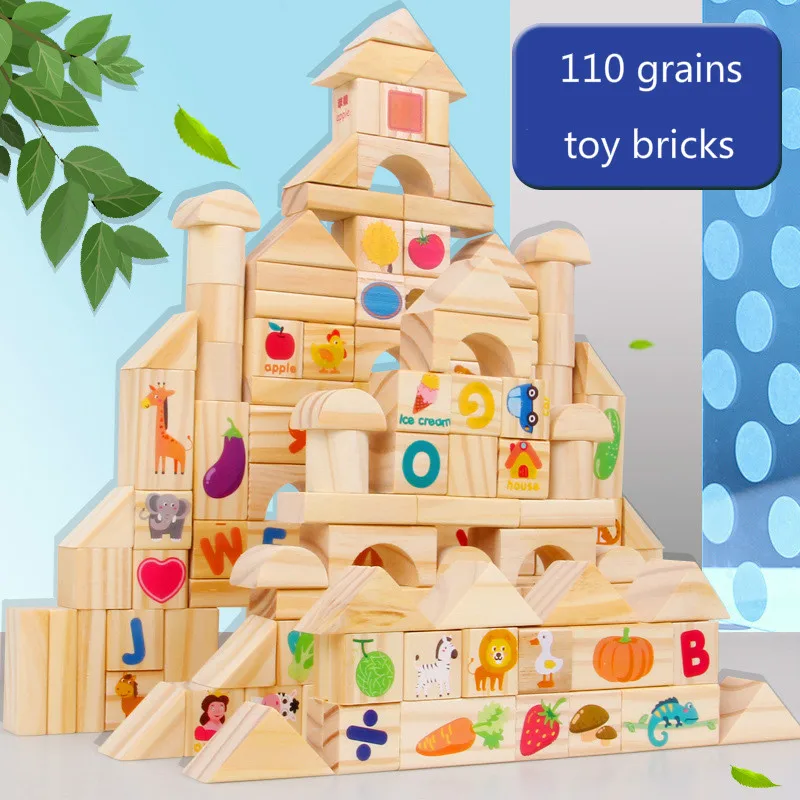 

110 pieces of log pine alphabetical fruit and vegetable building blocks in wooden buckets for children's intellectual toys