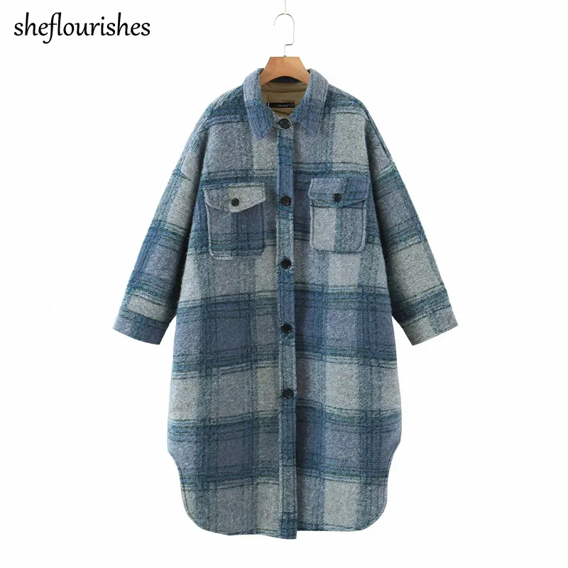 Женская твидовая куртка в клетку синяя однобортная оверсайз с отложным