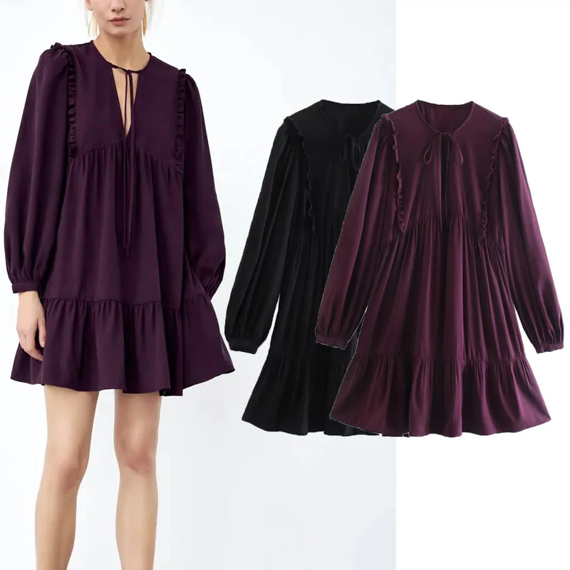 

Женское плиссированное платье Za, элегантное черное платье-мини с V-образным вырезом, длинным рукавом и многоярусным подолом с оборками, осен...