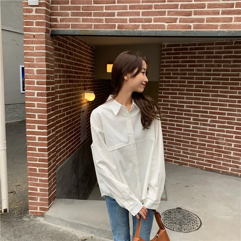 

Minimalist Loose White Shirts for Women Turn-down Collar Solid Female Shirts Tops 2021 Spring Summer Blouses