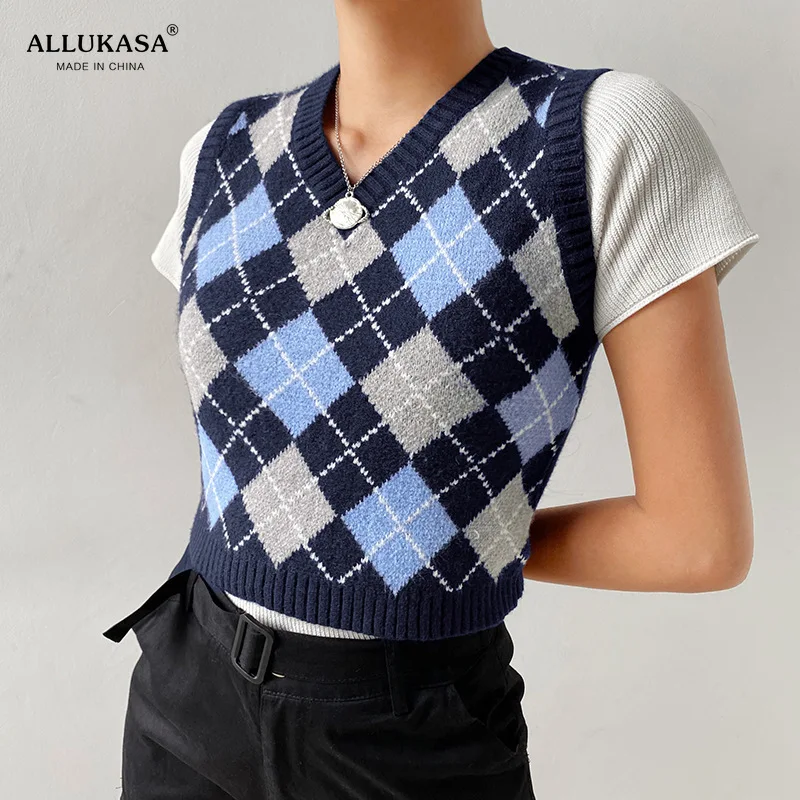 

Argyle Sweater Vest Women Black Sleeveless Plaid Knitted Crop Sweaters Casual Autumn Preppy Style 2020 tops V Neck Vintage