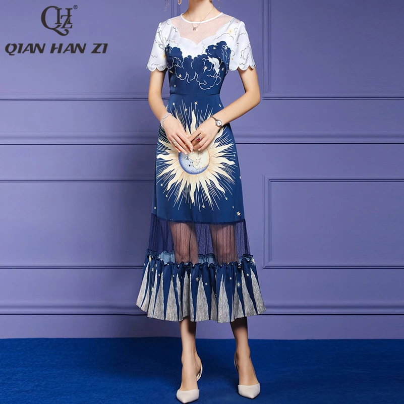 

Qian Han Zi летнее модное подиумное платье макси для женщин с коротким рукавом Аппликация ретро печать лоскутное кружево тонкое облегающее длин...