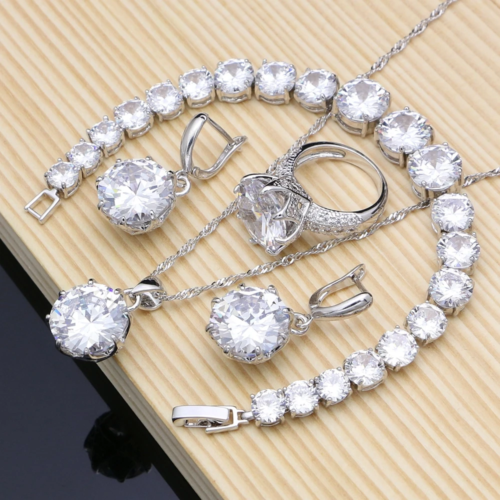 

Natural 925 Silver Bridal Jewelry White Zircon Jewelry Sets For Women Wedding Earrings Pendant Necklace Rings Bracelet