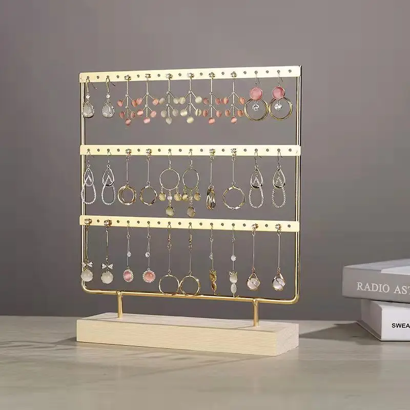 

Gold Earrings Jewelry Display Stand Metal Jewellery Organizer Holders Wooden Base Storage Rack Store Decoration Gifts