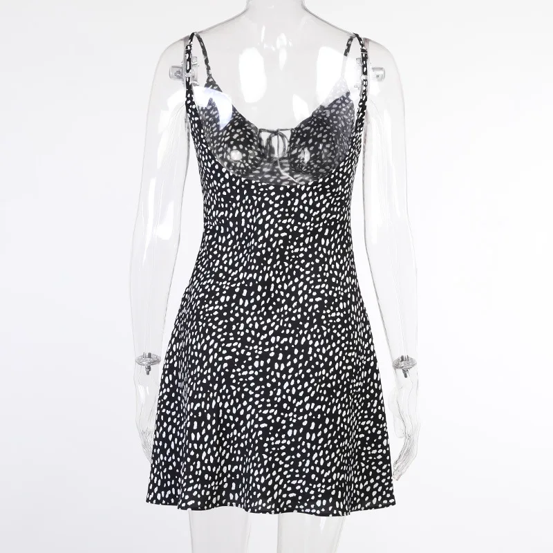 

Grils Cute Polka Dot Print Camisole Mini Dress 2021 Women Deep V Neck Lace-up Summer Streetwear Backless Black Fit And Flare