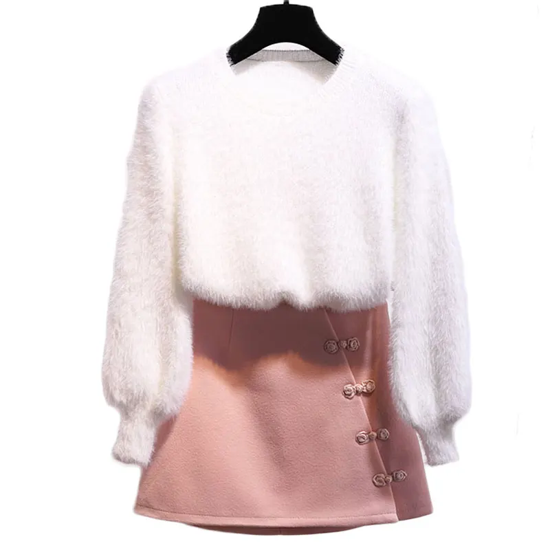 Женский твидовый комплект из двух предметов трикотажный свитер и юбка Осень зима