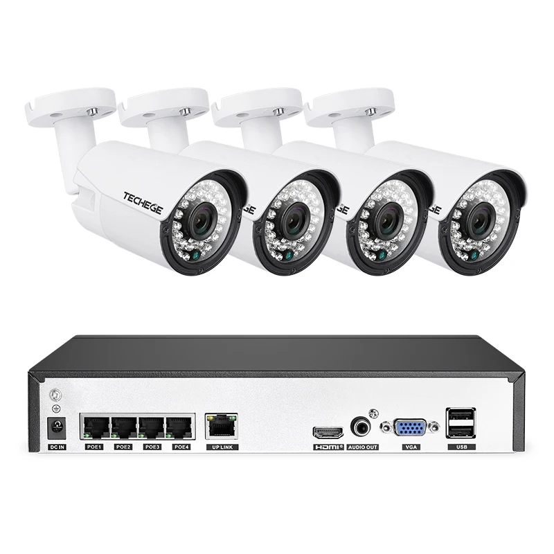 4CH NVR 4 Cameras Techege 4CH система видеонаблюдения 1080P PoE NVR металлическая наружная 2.0мп ip-камера Onvif Cloud 1080 NVR комплект обнаружения движения ночного видения - Цвет: 4CH NVR 4 Cameras