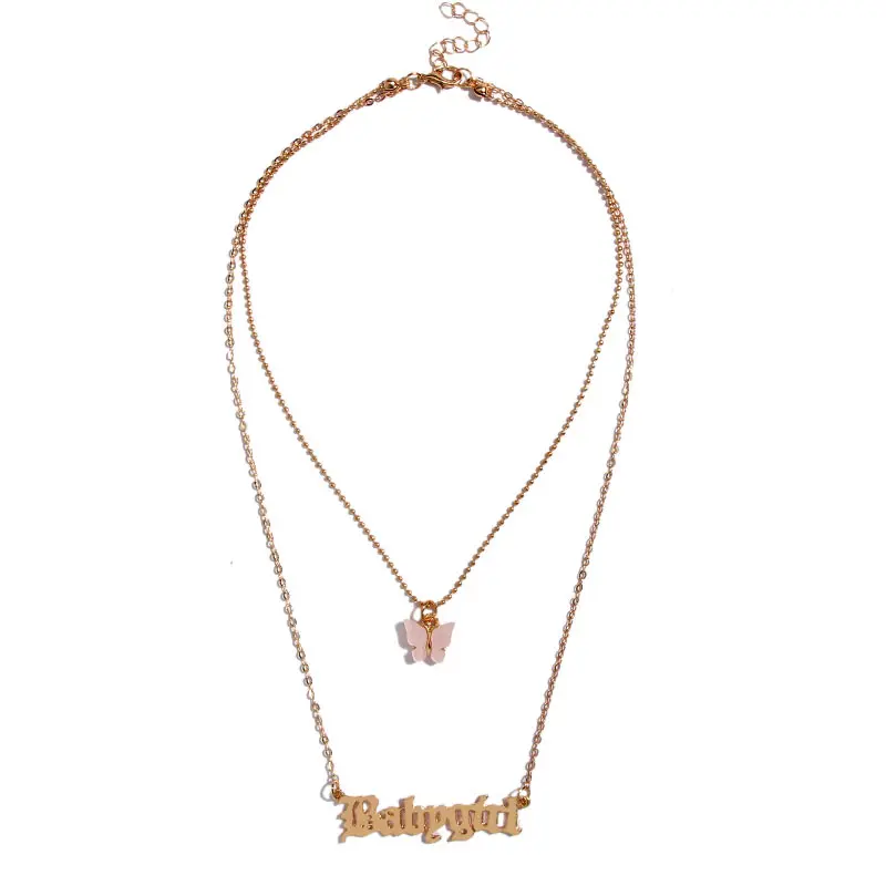 

Bylia Jewel Punk Fashion Double Layer English Letter Choker Necklace Butterfly Pendant Necklace Birthday Gift Girlfriend Jewelry