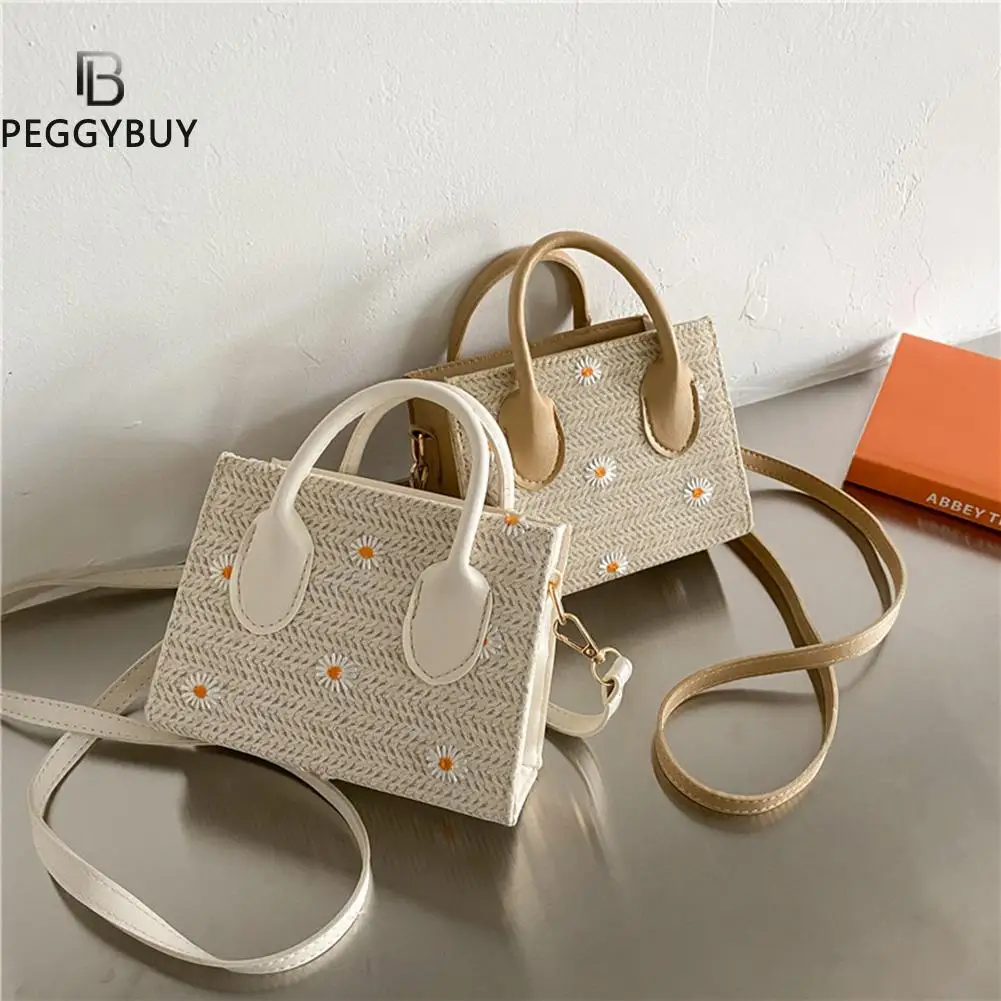

Винтажная женская соломенная сумка-мессенджер с вышивкой маргариток, модная женская сумка на плечо с верхней ручкой, роскошная сумка-мессе...