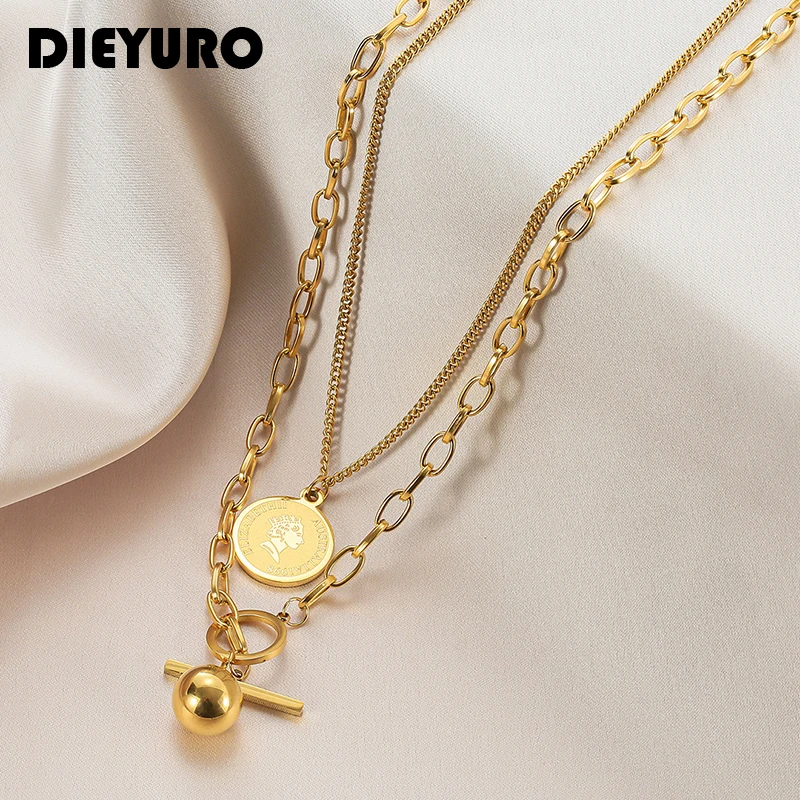 

DIEYURO 316L Stainless Steel Double Layer Head Portrait Pendant Necklace Female Fashion Hip-hop Style Thick Chain OT Buckle