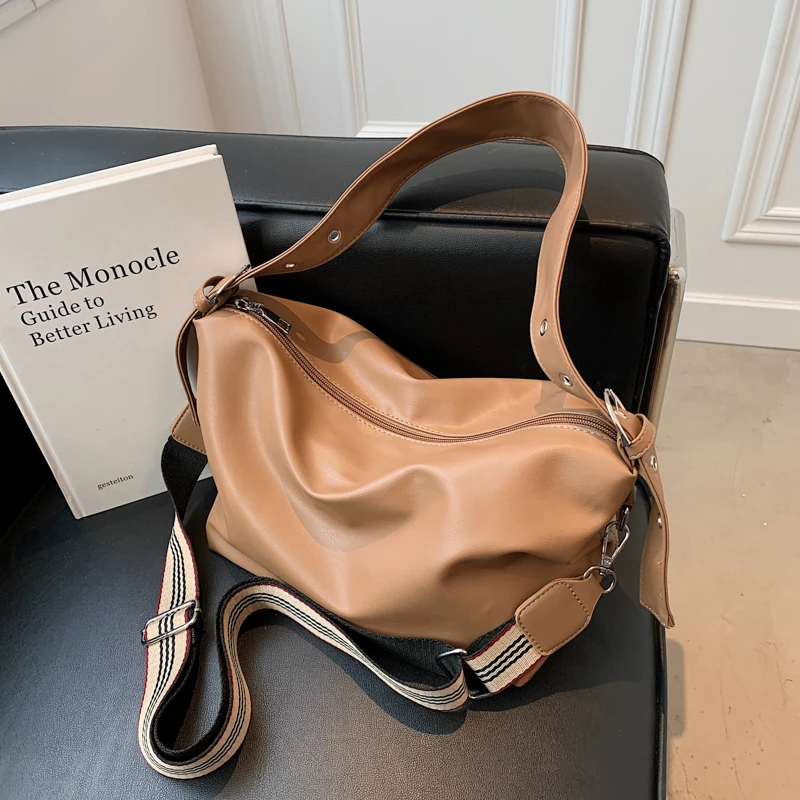 

Simple Soft PU Leather Shoulder Bag for Women 2021 Brand Wide Belt Designer Large Zipper Handbags Women Trend Hobo Crossbody Bag