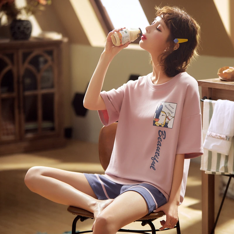 

2020 new summer cotton pajamas suit female cartoon short-sleeved T-shirt + shorts 2 piece fashion home clothes pijamas girl PJ