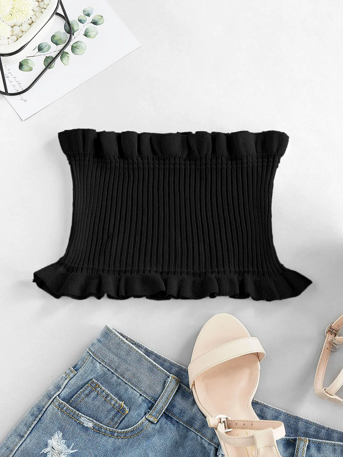 ZAFUL Women Ruffled Smocked Tube Top Strapless Lady Sexy Summer Casual Outfits Basic Wearing Fashion | Женская одежда