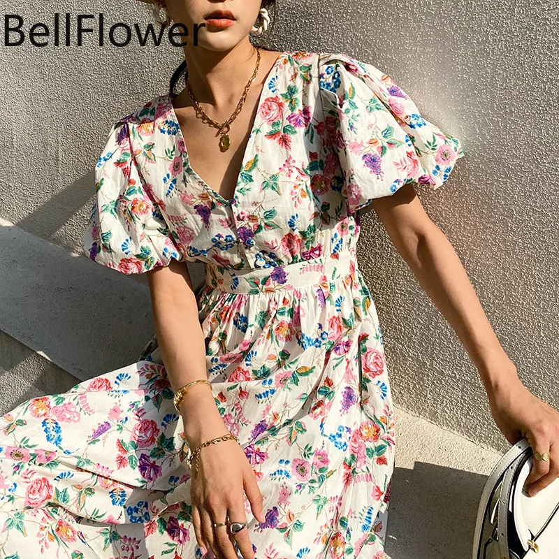 

Swing Dress for Women Bohemian V-Neck Button A-LINE Puff Sleeve Pullover Short Sleeve Print Sexy Summer Dress Clothing Women