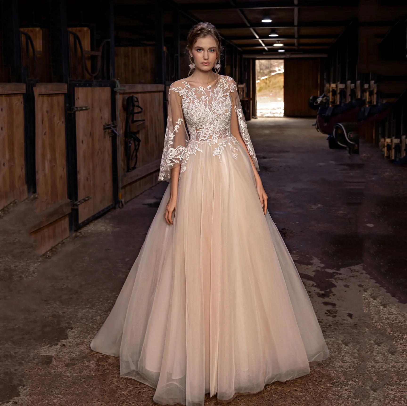 

Champagne A Line Appliques Lace O Neck Wedding Dress Puffy Sleeve Vestido De Noiva Sereia Champagne Bridal Gowns
