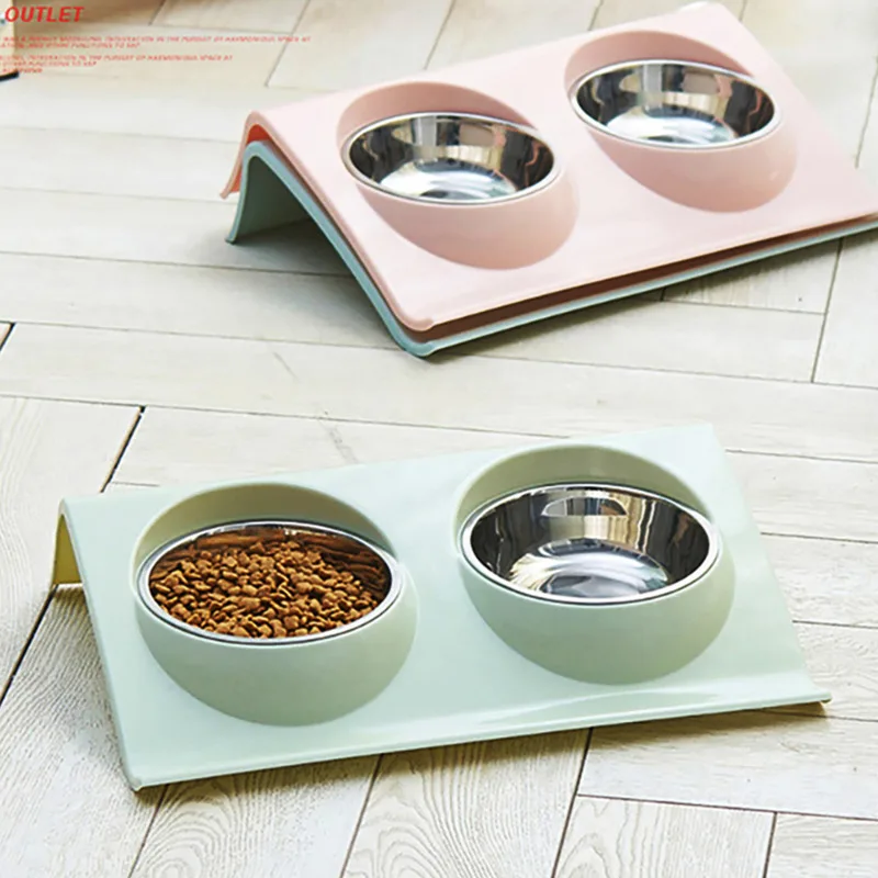 

Feeding Station Water Bowls Feeder For Dogs Cats Supplies Oblique Mouth Double Food Stainless Steel Dog Pet Cat Plate Rice Bowl