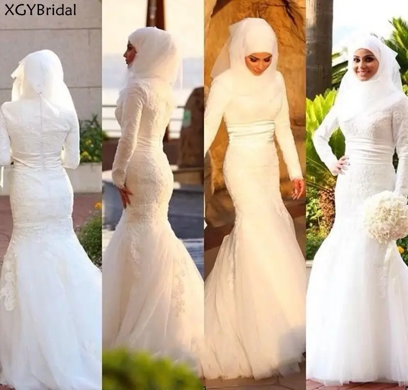

New Arrival Muslim High Collar Bride Dress 2021 Lace Mermaid Wedding Dresses Full Sleeves Long Bridal Gowns Vestidos De Novia