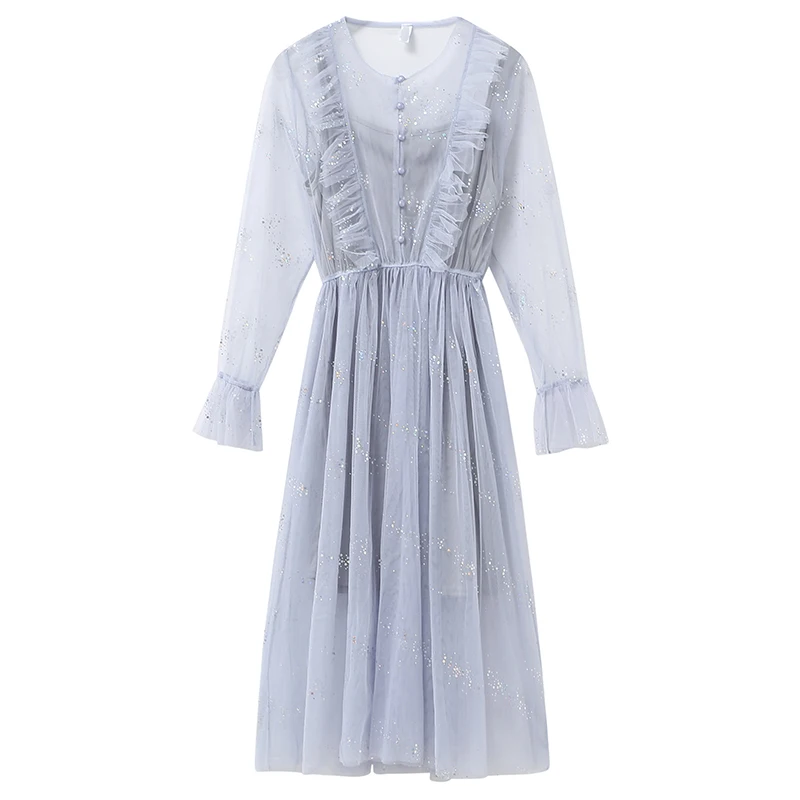 Женское блестящее платье миди Young Gee синее Сетчатое с длинным рукавом и блестками