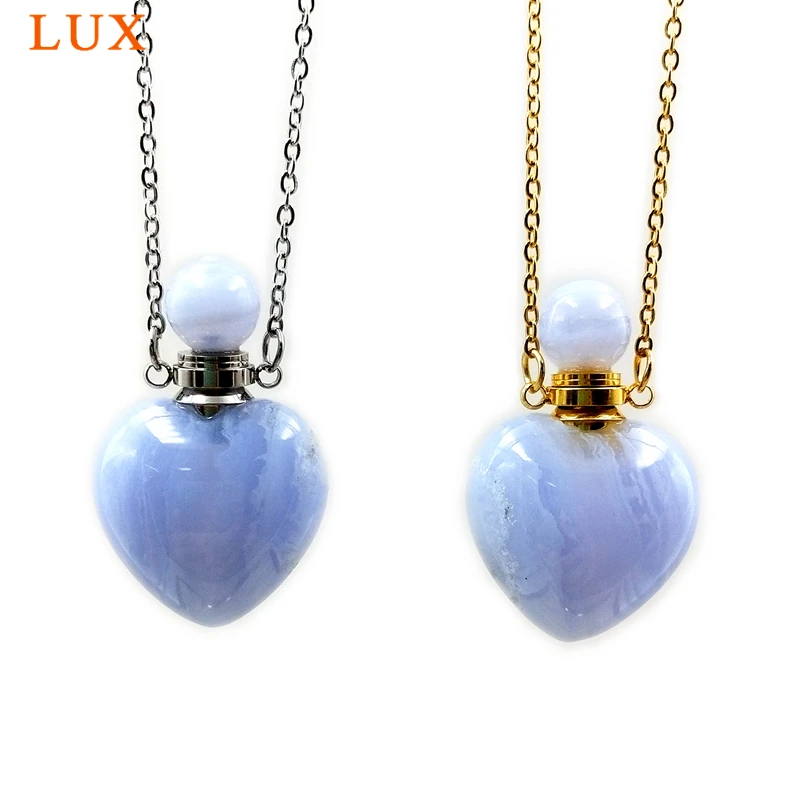 Синие кружевные Агаты ожерелье драгоценные камни камень флакон духов Подвеска-Агат в форме сердца эфирное масло ювелирные изделия для медитации нержавеющая сталь